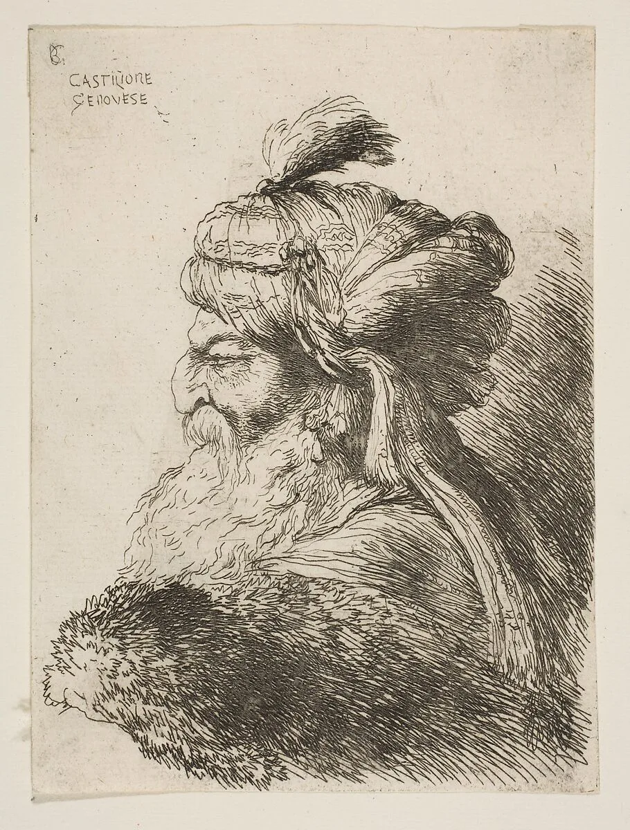 Head of an old man with a turban facing left, from "Small Heads in Oriental Headdress" — Giovanni Benedetto Castiglione (Il Grechetto)