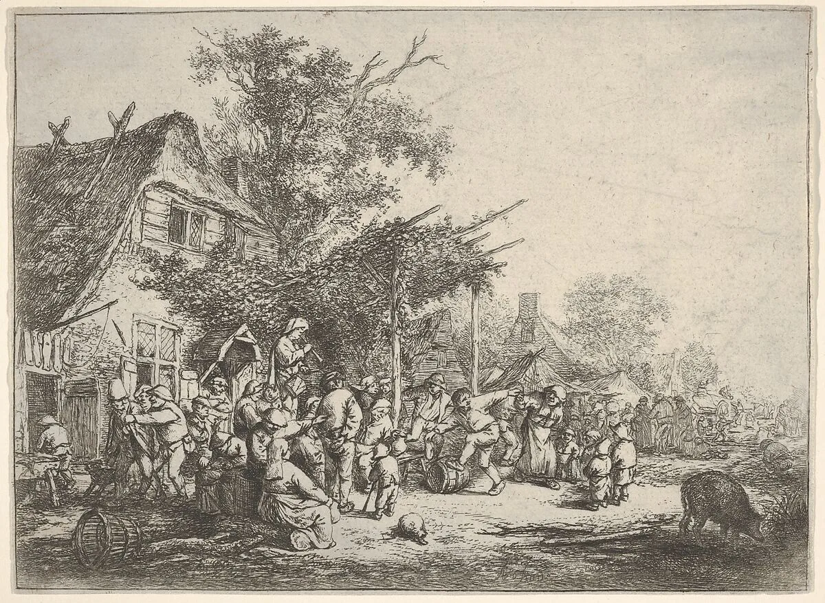 A group of figures dancing under a trellis attached to a house, a standing figure carrying a drum and holding a horn to his mouth, surrounded by onlookers, a lane with houses and carriages beyond — Adriaen van Ostade