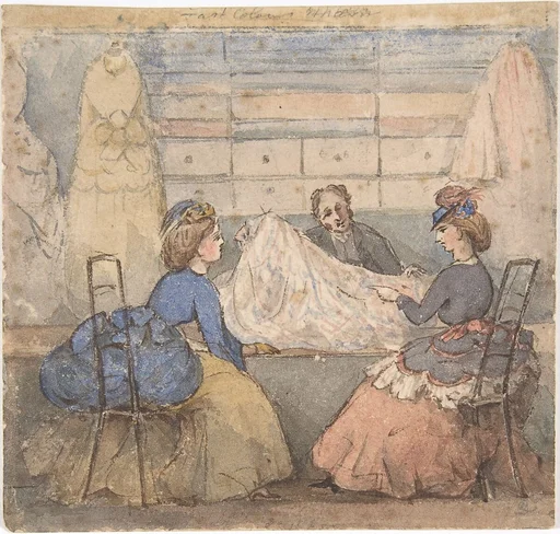 Two Women Looking at Fabric in a Shop