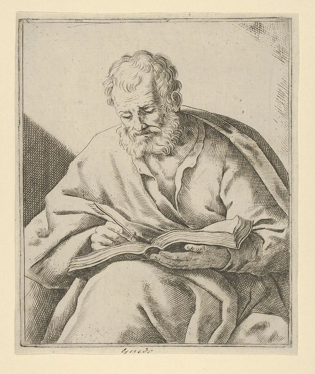 An old man seated and writing in a book (an evangelist?) — Guido Reni|Anonymous