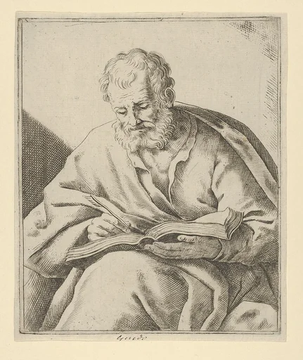 An old man seated and writing in a book (an evangelist?)
