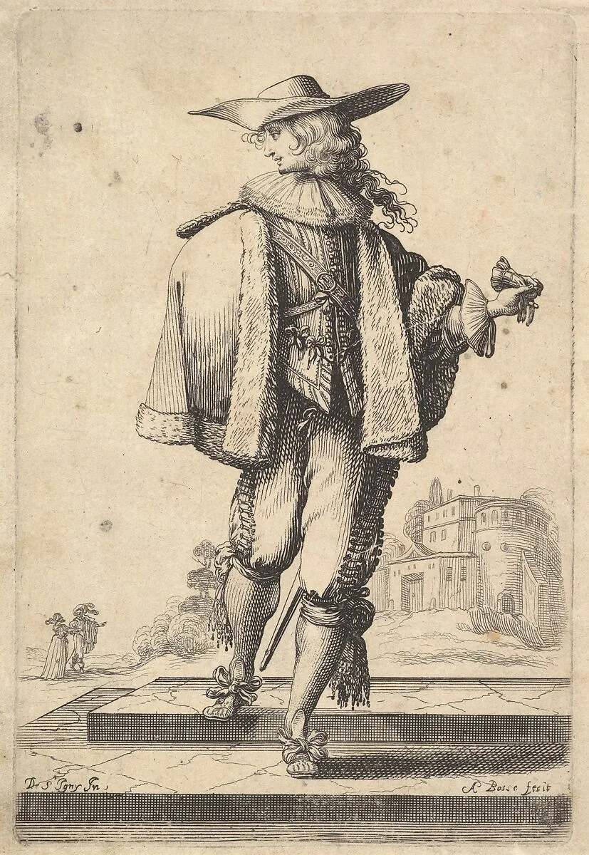 A gentleman walking forward, his face in profile to the left, holding his glove in his right hand and wearing a hat, a fur jacket, and shoes with ribbons, from "The Garden of the French Nobles In Which One Can Pick Up Their Way of Dressing" — Abraham Bosse|Jean de Saint-Igny