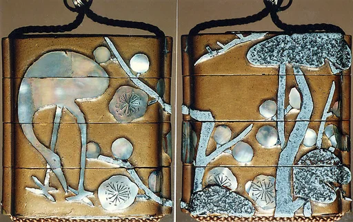 光琳様式 梅鶴蒔絵螺鈿印籠|Inrō with Crane and Plum Tree