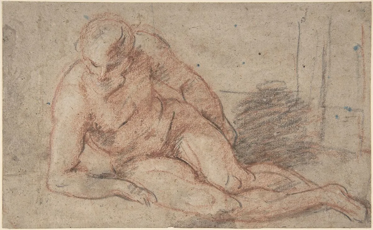 Reclining Nude Figure (recto); unidentifiable sketches (verso) — Antoine Watteau