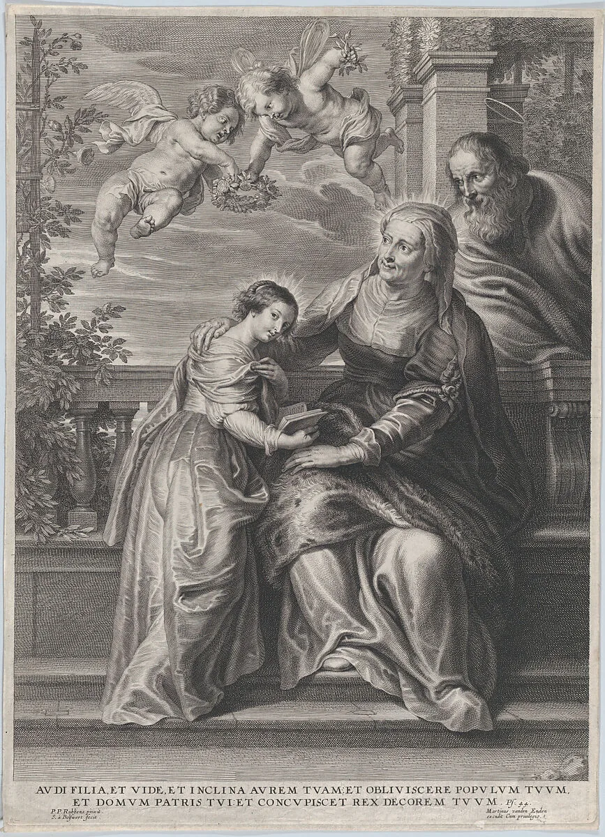 The education of the Virgin, with Saint Anne and the Virgin Mary reading with two putti overhead and Saint Joachim behind them at right — Schelte Adams à Bolswert|Martinus van den Enden|Peter Paul Rubens