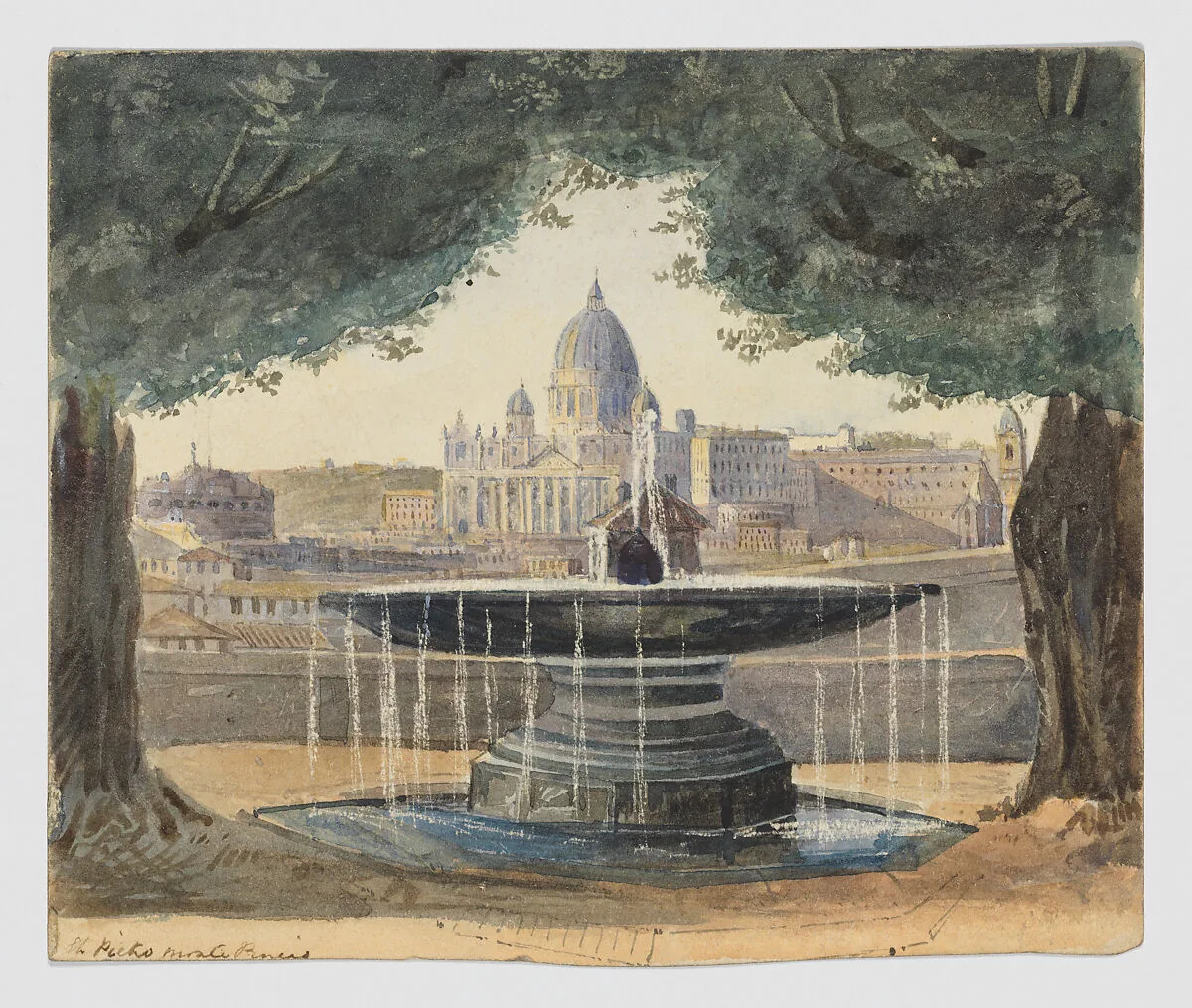 The Fountain of the Académie de France in Rome (recto); The Gate of San Giovanni in Rome and a lakeside village (verso) — Anonymous, British, 19th century
