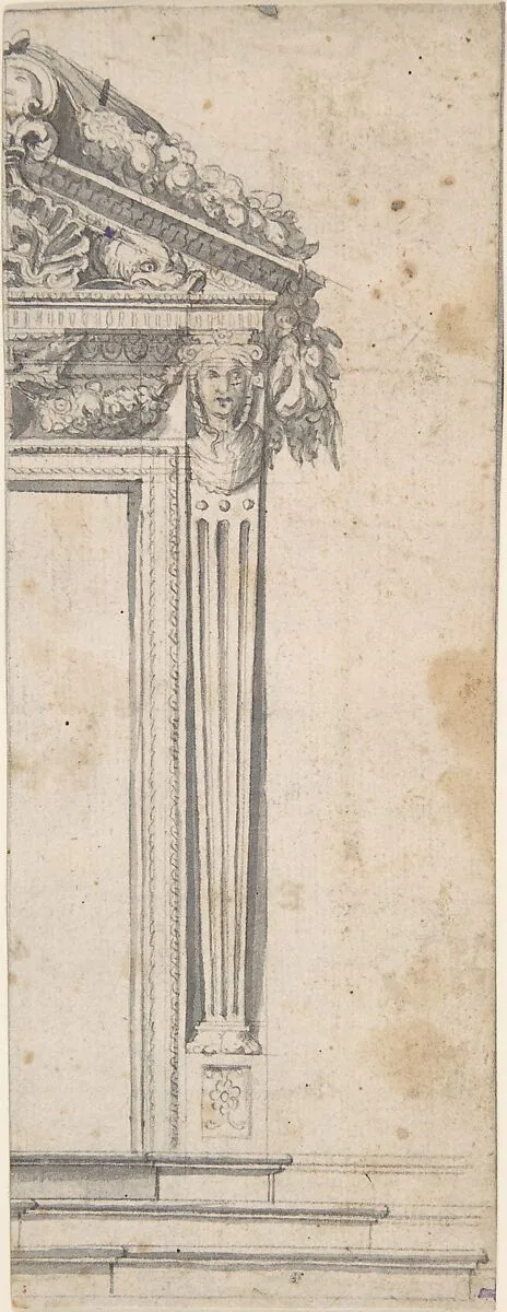 Design for the Right Side of a Door with Pediment and Fluted Pilasters — Anonymous, Italian, 17th century