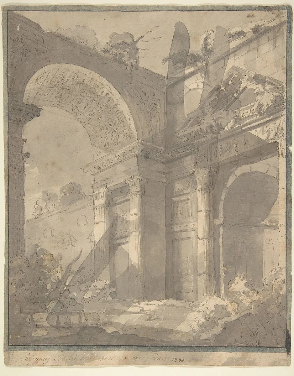 View of Ancient Roman Ruins, an Arch and a Triangular-Pedimented Doorway — Filippo Mochi