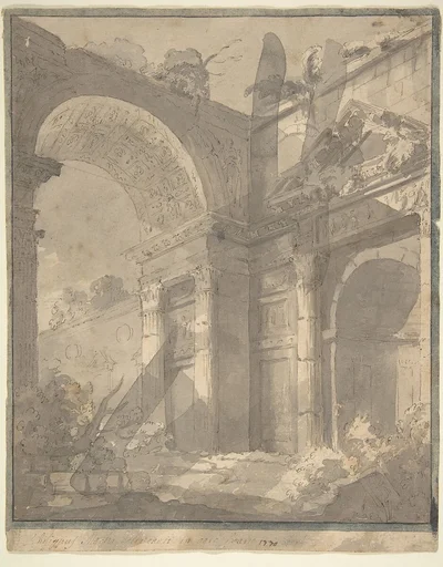 View of Ancient Roman Ruins, an Arch and a Triangular-Pedimented Doorway