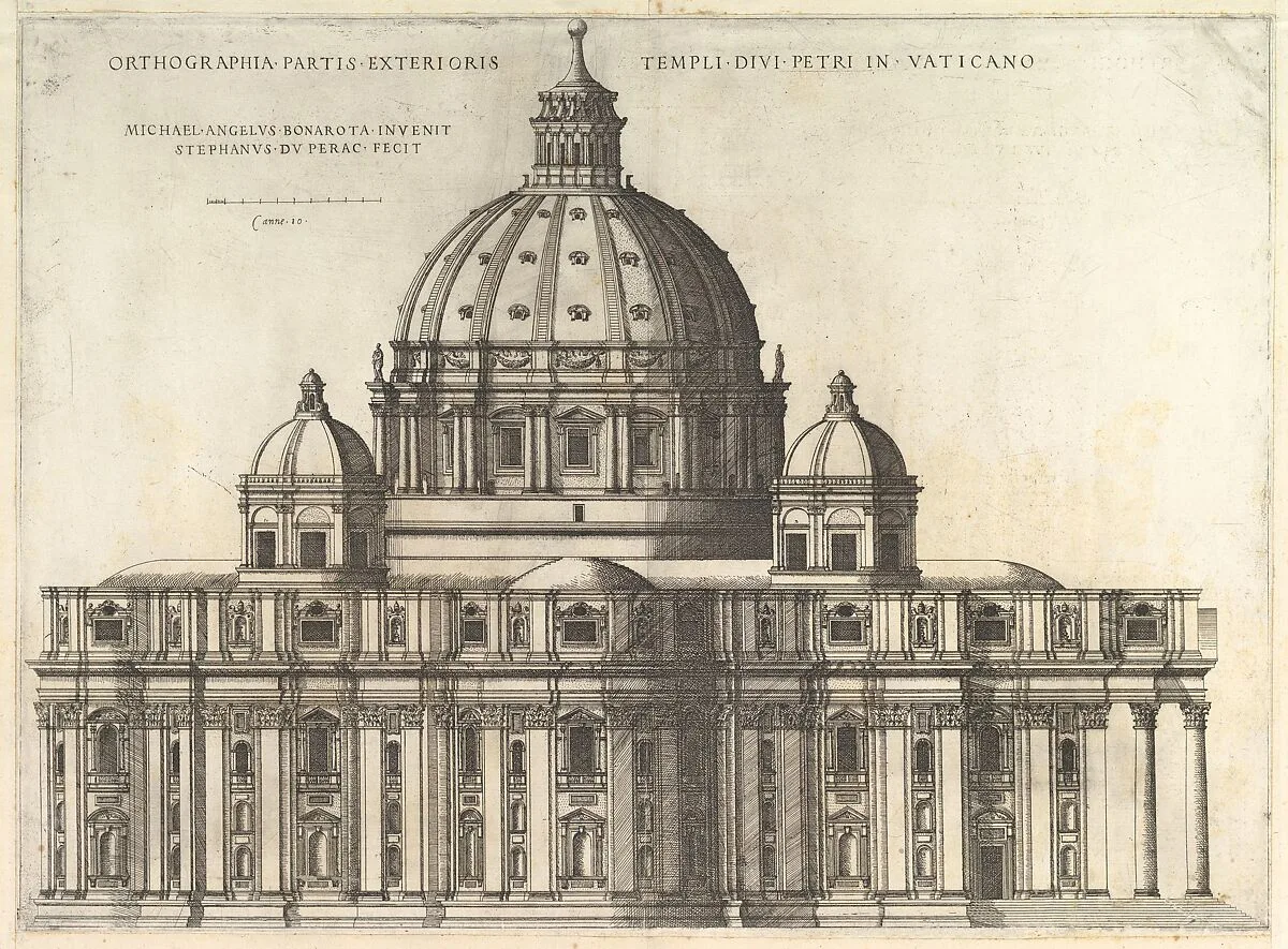 Speculum Romanae Magnificentiae: Elevation Showing the Exterior of Saint Peter's Basilica from the South as Conceived by Michelagelo (Published in 1569) — Etienne DuPérac