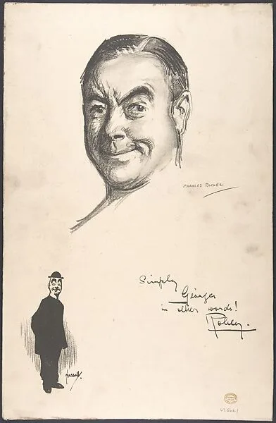 Portrait Head of the actor Sir George Robey, also shown full-length in costume — John Hassall|Sir George Robey|Charles A. Buchel