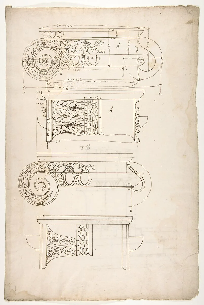 Unidentified, Ionic capitals, two front and side elevations (recto) Doric impost, elevation of entablature (verso) — Anonymous, French, 16th century