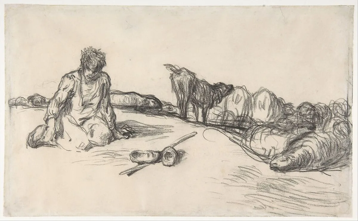 A Seated Shepherd with His Dog and Sheep — Jean-François Millet