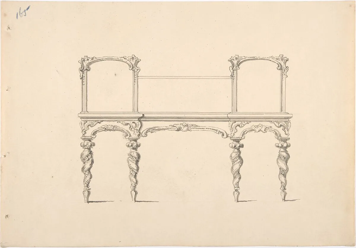 Design for a Mirrored Sideboard with Turned Legs Rocaille Ornament (Verso: Sketch for a Desk) — Anonymous, British, 19th century