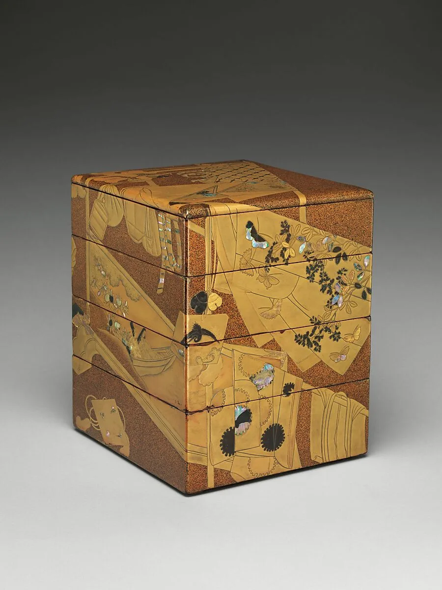 誰ヶ袖蒔絵重箱|Stacked Food Box (Jūbako) with “Whose Sleeves?” (Tagasode) Design — Unknown
