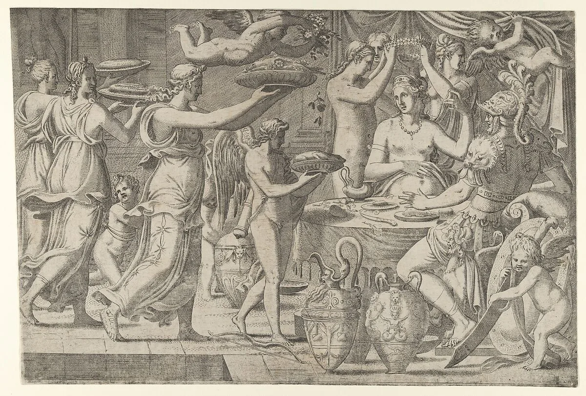 Mars and Venus Being Served at Table by Cupid — Léon Davent|Luca Penni