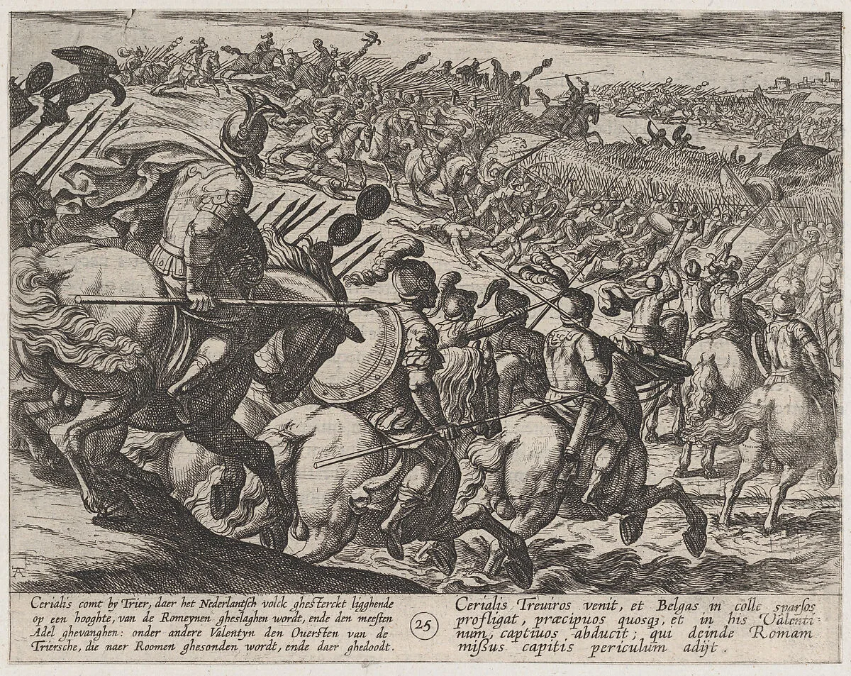 Plate 25: The Roman Commander Cerialis Attacks Near Trier, from The War of the Romans Against the Batavians (Romanorvm et Batavorvm societas) — Antonio Tempesta|Otto van Veen