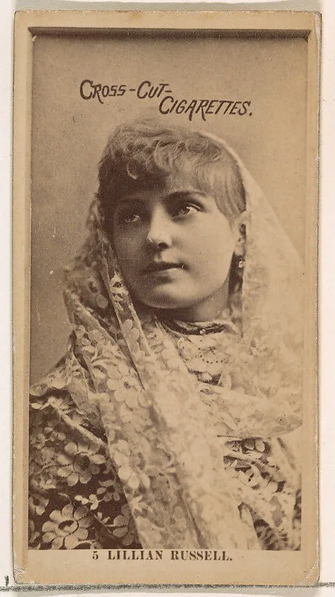 Card Number 5, Lillian Russell, from the Actors and Actresses series (N145-2) issued by Duke Sons & Co. to promote Cross Cut Cigarettes — W. Duke, Sons & Co.