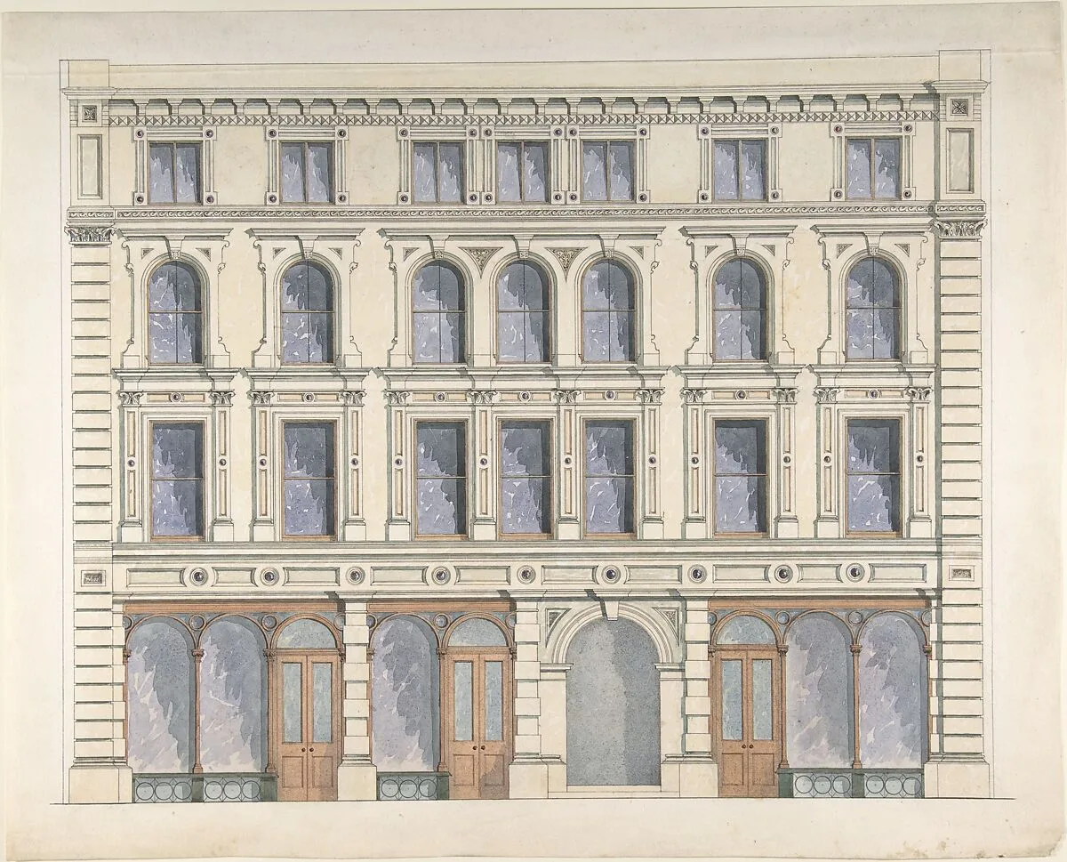 Design for a City Building with Three Shops on the Ground Floor — Anonymous, British, 19th century