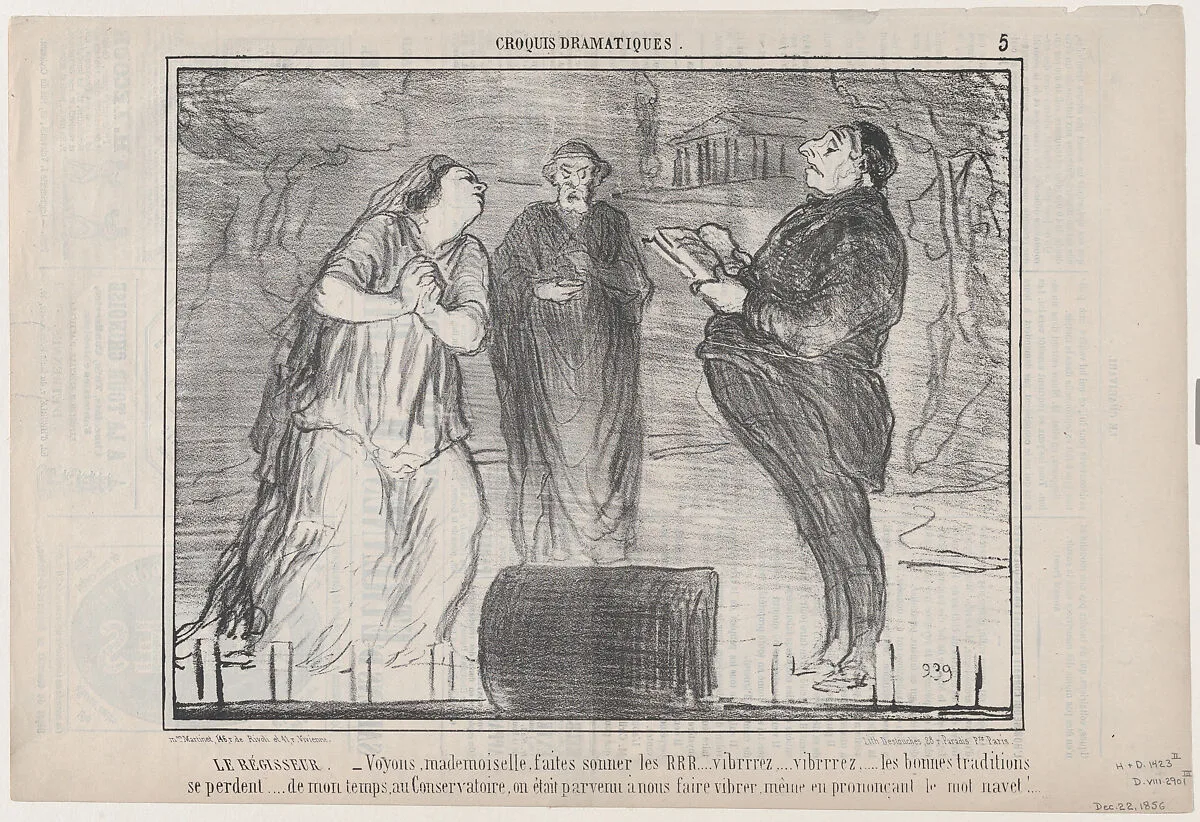 Le Régisseur. –Voyons mademoiselle, faites sonner..., from Croquis Dramatiques, published in Le Charivari, December 22, 1856 — Aaron Martinet|Honoré Daumier|Destouches