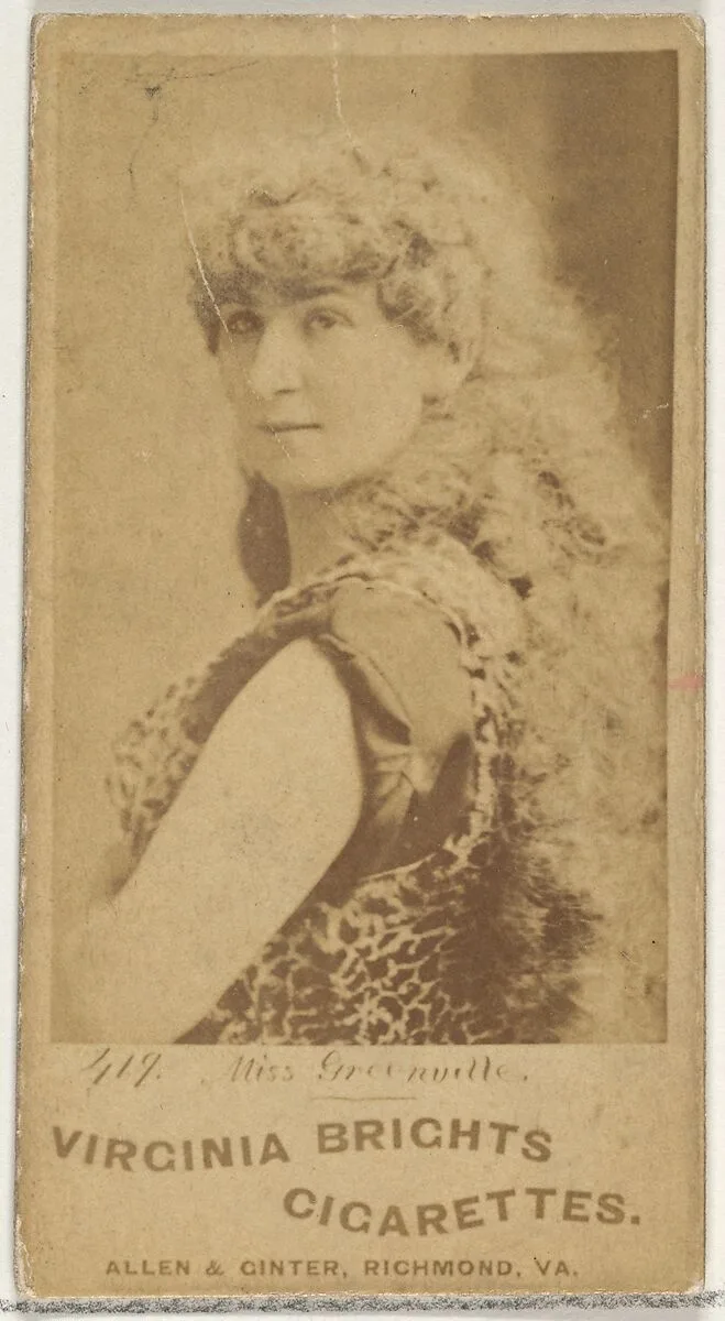 Card 419, Miss Greenville, from the Actors and Actresses series (N45, Type 1) for Virginia Brights Cigarettes — Allen & Ginter