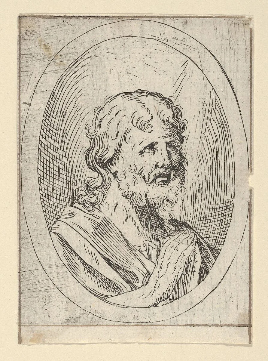 An apostle raising his eyes in prayer, in an oval frame, from "Christ, the Virgin, and Thirteen Apostles" — Anonymous, 17th century|Guido Reni