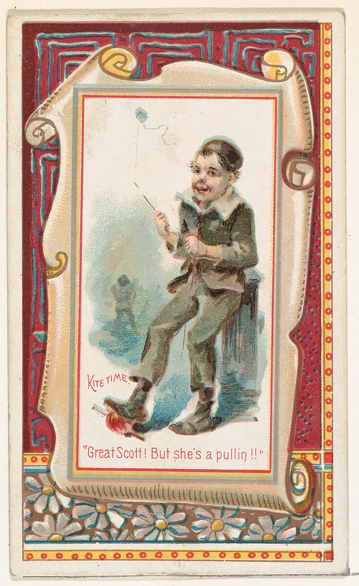 Kite Time, "Great Scott! But she's a pullin!!" from the Terrors of America set (N136) issued by Duke Sons & Co. to promote Honest Long Cut Tobacco — Knapp & Company|W. Duke, Sons & Co.