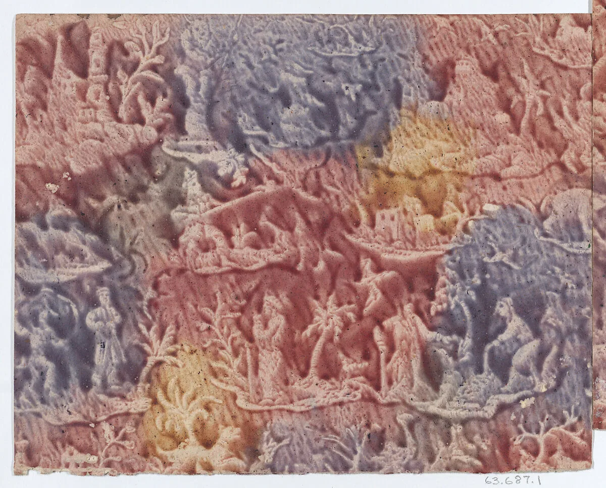 Sheet with figures in landscapes in red, purple, and yellow — Anonymous