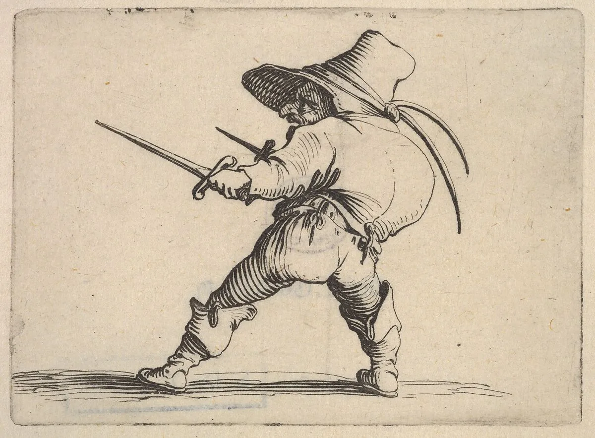 Small male figure wearing a hat, with daggers in both hands, and placing his weight on his right foot as he stretches his left foot forward, from the series 'Varie figure gobbi' — Jacques Callot