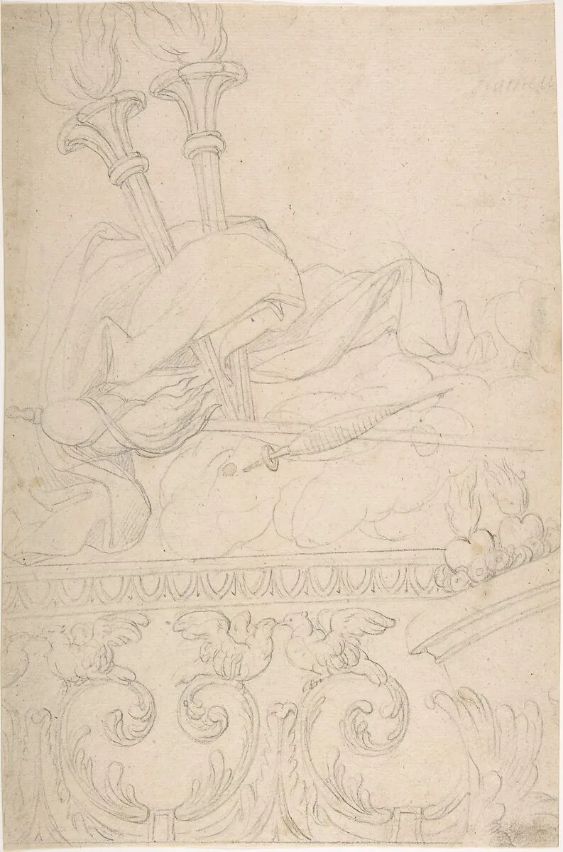 Ornament with Two Torches, a Spindle and Flax above a Rinceau of Doves with Sacred Hearts — Anonymous, German, 19th century