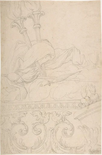 Ornament with Two Torches, a Spindle and Flax above a Rinceau of Doves with Sacred Hearts
