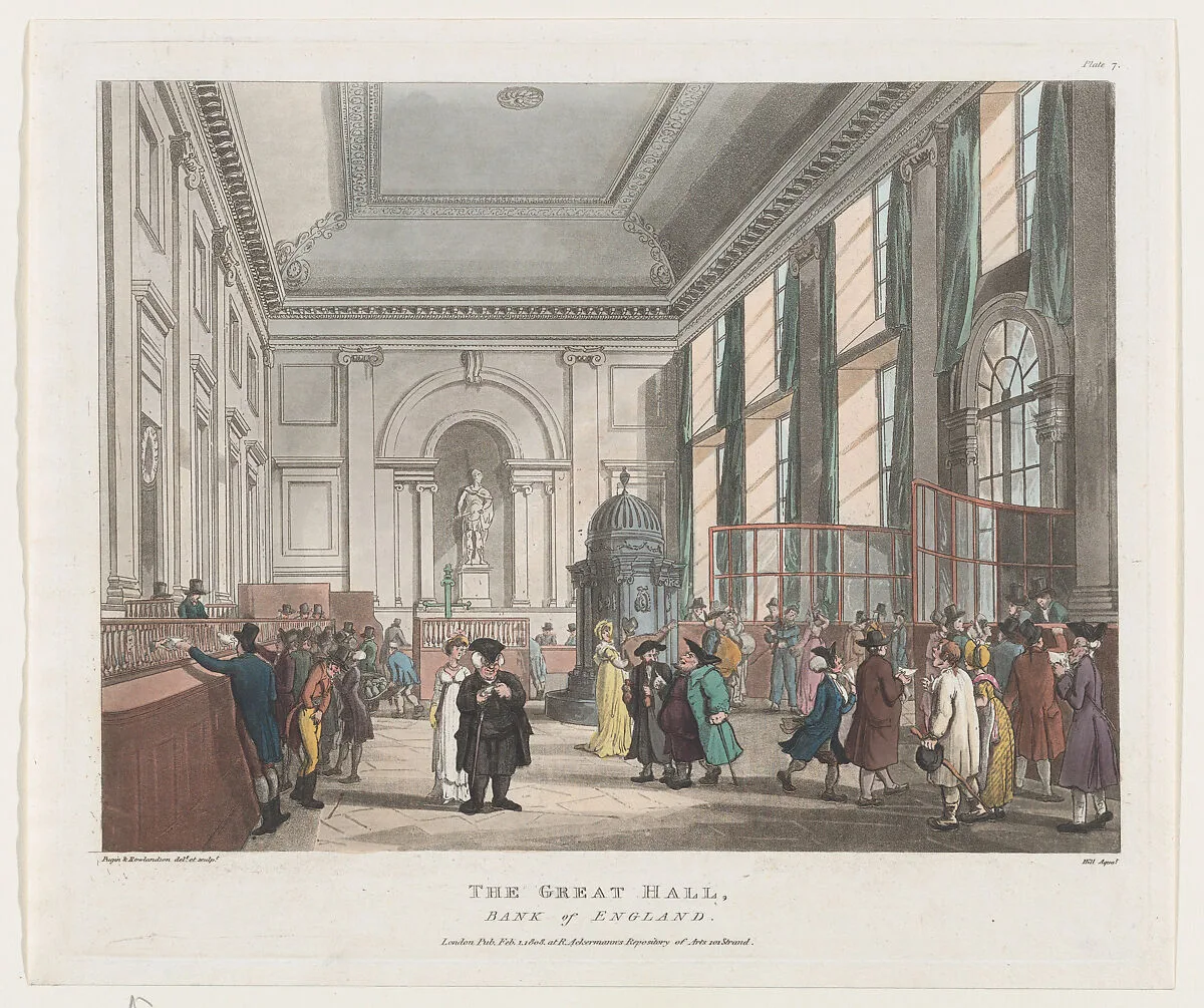The Great Hall, Bank of England — Auguste Charles Pugin|Rudolph Ackermann, London|Thomas Rowlandson|John Hill