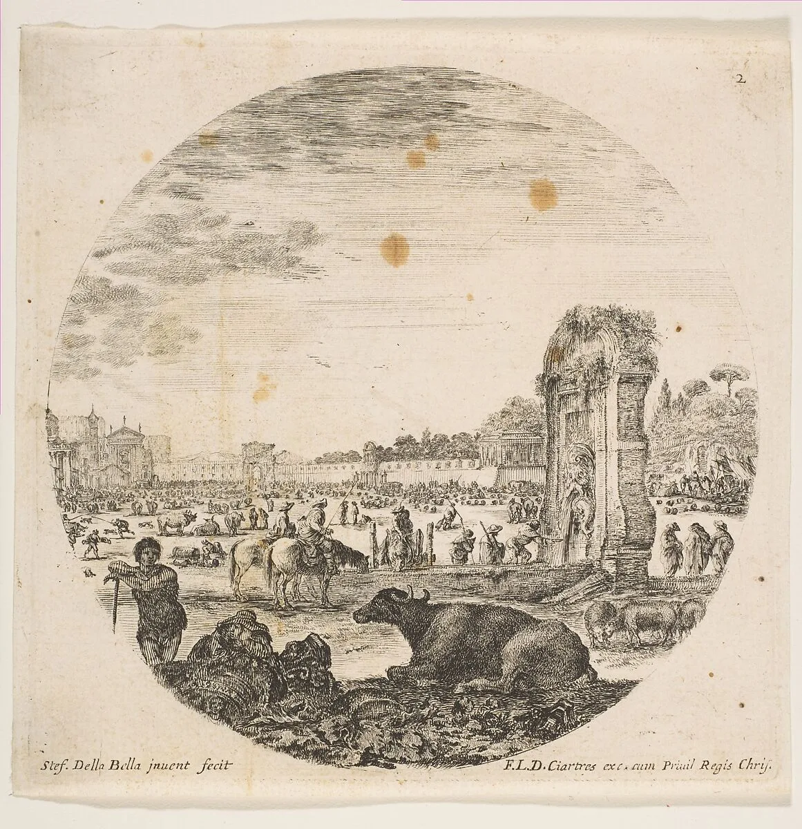 Campo Vaccino, a buffalo and two shepherds in center, the Fontanone to right in the middle ground, various animals and people in the background, plate 2 from "Roman landscapes and ruins" (Paysages et ruines de Rome) — Stefano della Bella|François Langlois