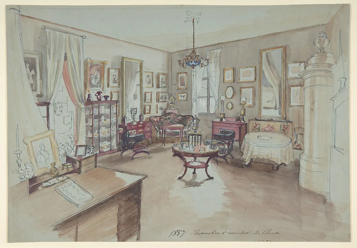 Drawing of an Interior: Chambre à coucher — Anonymous, French, 19th century