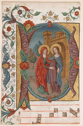 Manuscript Illumination with the Visitation in an Initial D, from a Choir Book