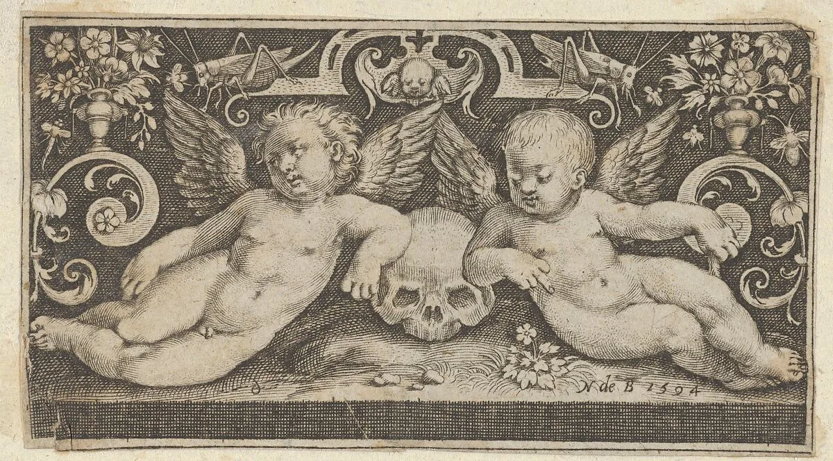 Two Genii with a Skull and Grasshoppers — Nicolaes de Bruyn|Frederick de Wit