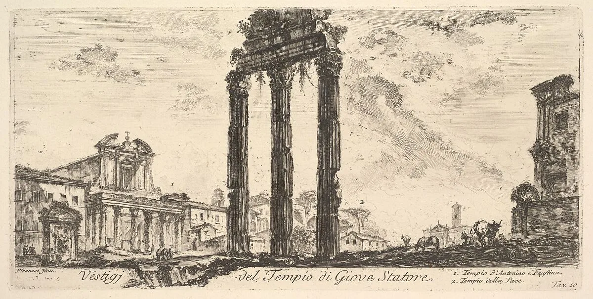 Plate 10: Ruins of the Temple of Jupiter Stator (Jupiter the Supporter). 1. Temple of Antoninus and Faustina. 2. Temple of Peace. (Vestigi del Tempio di Giove Statore. 1. Tempio d'Antonino e Faustina. 2. Tempio della Pace.), from "Antichità Romane de' Tempi della Repubblica, e de' primi Imperatori" — Giovanni Battista Piranesi