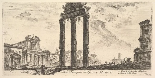 Plate 10: Ruins of the Temple of Jupiter Stator (Jupiter the Supporter). 1. Temple of Antoninus and Faustina. 2. Temple of Peace. (Vestigi del Tempio di Giove Statore. 1. Tempio d'Antonino e Faustina. 2. Tempio della Pace.), from "Antichità Romane de' Tempi della Repubblica, e de' primi Imperatori"
