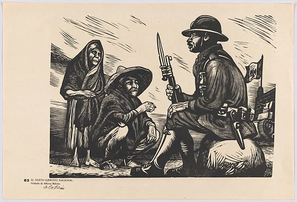 Plate 83: the new Mexican army, a soldier listening to people from the land, from the portfolio 'Estampas de la revolución Mexicana' (prints of the Mexican Revolution) — Alberto Beltrán|Taller de Gráfica Popular