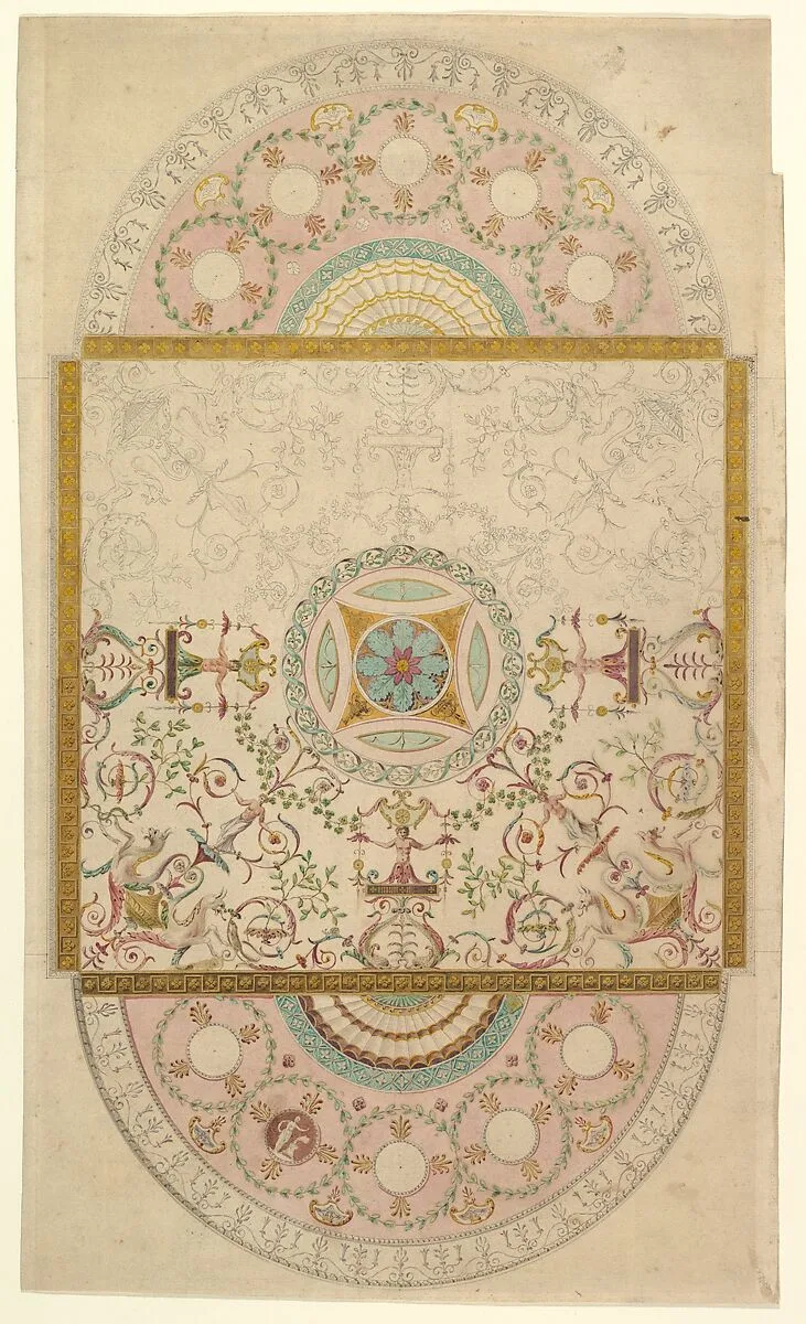 Design for a Ceiling with Square Central Compartment and Semicircular Ends, the Ornament of Foliage and Grotesque Motifs — Robert Adam|Anonymous, British, late 18th century