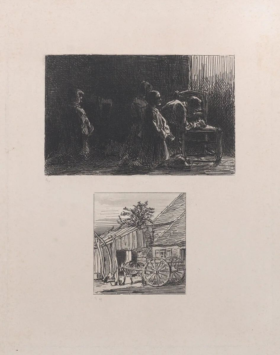 Prayer (upper); Cart in Front of a House (lower) — Charles Jacque