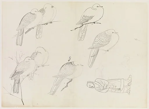 現代 謝稚柳 雀鳥人物畫稿 鏡片|Birds and Human Figure