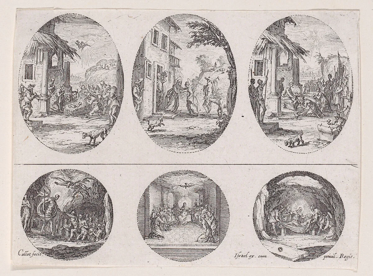 Plate Containing Three Oval Medallions, from "Variae tum Passionis Christi tum vitae beatae Mariae Virginis; Les Mystères de la Passion suite appelée aussi Mystères de la Vie de Jésus et Mystères de la Vie de Jésus et de la Vie de la Ste. Vierge" (The Mysteries of the Passion, also called the Mysteries of the Life of Jesus, and the Mysteries of the Life of Jesus and of the Virgin) — Jacques Callot|Israël Henriet