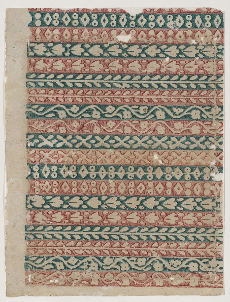 Sheet with floral and geometric borders — Anonymous