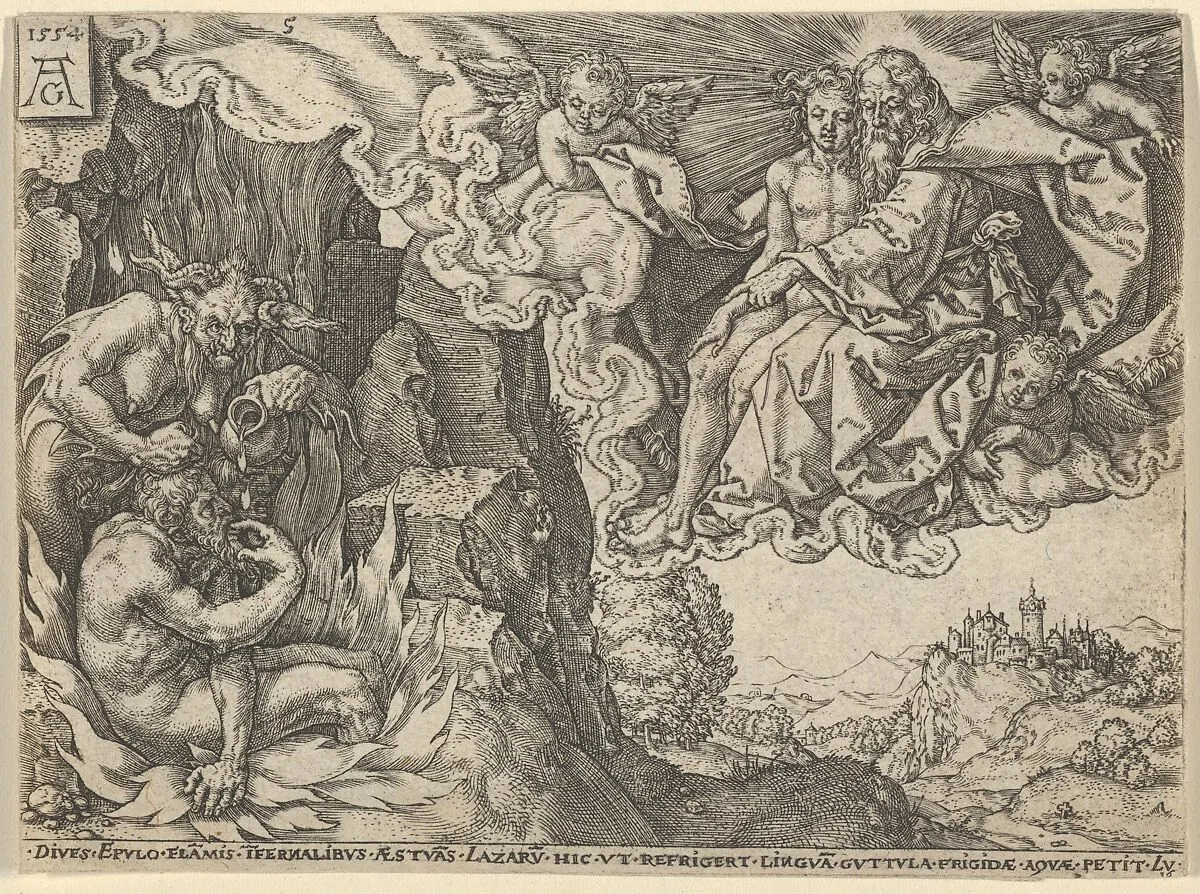 The Rich Man in Hell, Seeing Lazarus Embraced by Abraham, from The Parable of the Rich Man and Lazarus — Heinrich Aldegrever