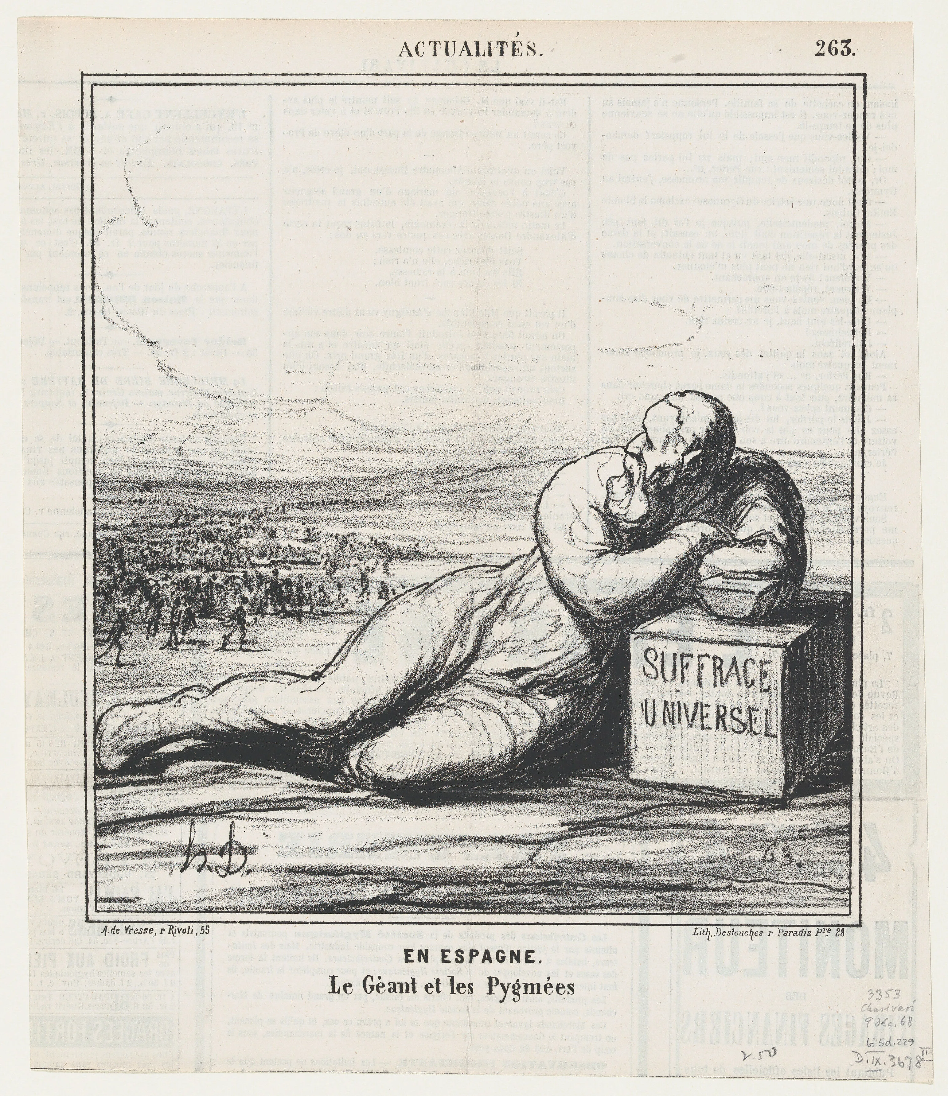 In Spain: the giant and the pygmies, from 'News of the day,' published in Le Charivari, December 9, 1868 — Honoré Daumier|Destouches|Arnaud de Vresse