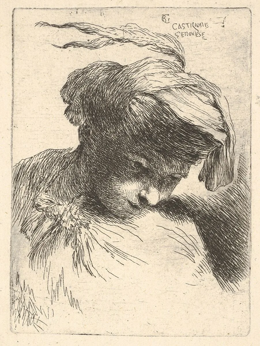 Young man looking down to right, from "'Small Heads in Oriental Headdress" — Giovanni Benedetto Castiglione (Il Grechetto)