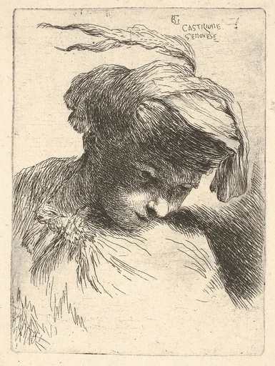 Young man looking down to right, from "'Small Heads in Oriental Headdress"