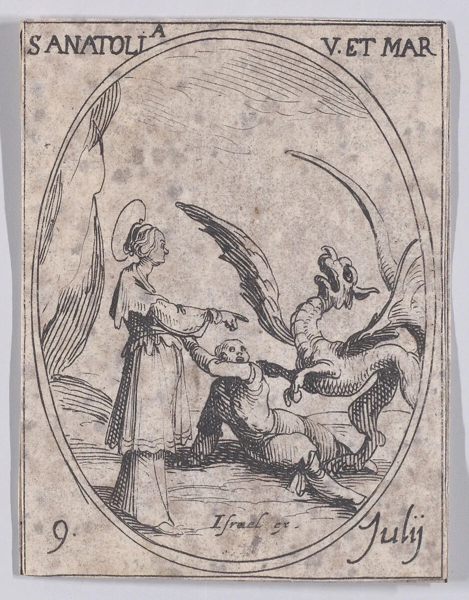 Ste. Anatolie, vierge et martyre (St. Anatolia, Virgin and Martyr), July 9th, from "Les Images De Tous Les Saincts et Saintes de L'Année" (Images of All of the Saints and Religious Events of the Year) — Israël Henriet|Jacques Callot