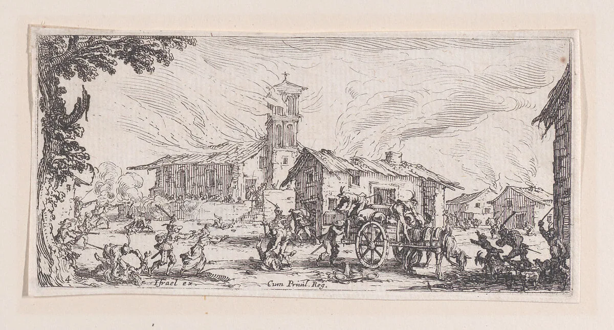 Pillage et Incendie d'un Village (Looting and Burning of a Village), from Les Petites Misères de la Guerre (The Little Miseries of War), plate 4 — Jacques Callot|Israël Henriet